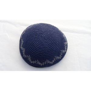 Knitted Kippah Blue with Gris Zig-zag 17 cm